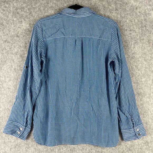Tina Stephens Top Womens Small Blue Geometric Patterned Button Up Roll Tab Rayon - Picture 9 of 11